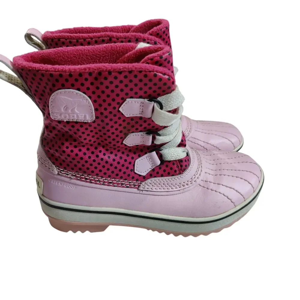 Sorel Girls Sz 4 Pink Polka Dot Duck Boots Lace Up Waterproof Fleece Lined